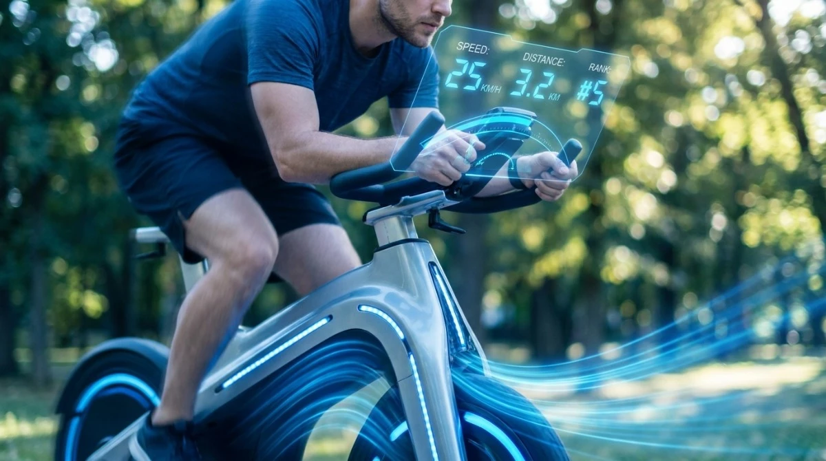 Rider on Yingmi VR exercise bike with AR game interface overlay showing real-time speed and ranking data Rider on Yingmi VR exercise bike with AR game interface overlay showing real-time speed and ranking data