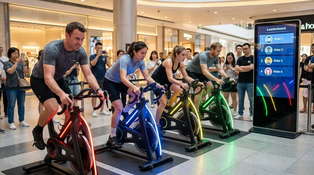 Multiple riders competing on Yingmi VR cycling bikes in a shopping mall Multiple riders competing on Yingmi VR cycling bikes in a shopping mall